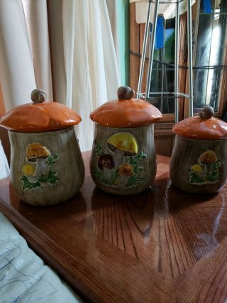 Vintage Merry Mushroom Ceramic Canister Set Of 3 - Cond.  Pre Owned