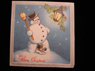 Vintage " Snowman And His Puppy " Christmas Greeting Card