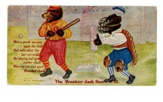 Cracker Jack Bears - Baseball Batter & Catcher - Postcard No 12 Advertising/fantasy