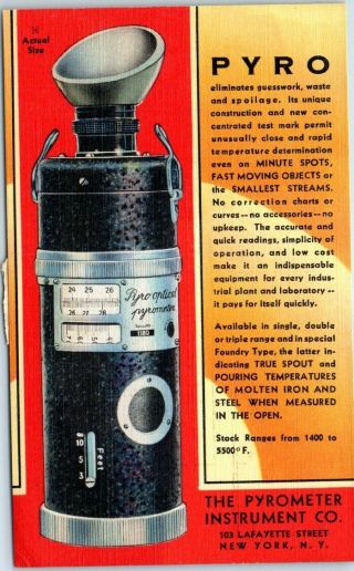 Vintage Linen Advertising Postcard The Pyrometer Instrument Co.  Nyc Linen C1940s