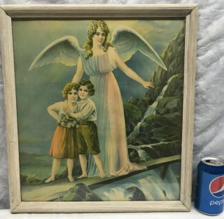 Vtg 1920’s? Lithograph Print Framed Guardian Angel Watching Children Religious