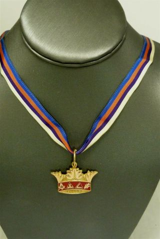 Vintage Masonic Gold - Filled Crown Award Medal & Ribbon Necklace Kms314