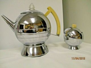 2pc Chase Brass & Copper Co Walter Von Nessen Art Deco Chrome Teapot,  Sugar Bowl