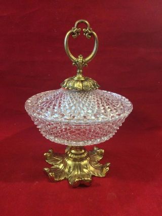Vintage Brass Handle Lidded Crystal Glass Candy Dish With Brass Footed Holder