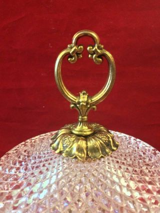Vintage Brass Handle Lidded Crystal Glass Candy Dish With Brass Footed Holder 3