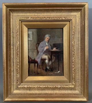 Vintage Colonial Gentleman At Writing Desk Old Interior Scene Oil Painting Frame