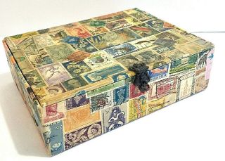 Decoupage Postage Stamps Covered Box Inside And Out Vintage World Hinged Cigar