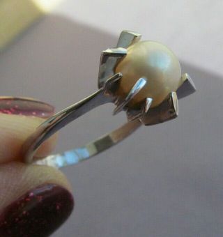 Antique Vintage 10k White Gold Mikimoto Akoya Pearl Starburst Ring Size 8 7.  8mm