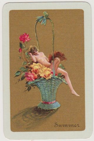 Swap/playing Card Lady In Basket Of Flowers Titled Summer Vintage Linen X 1