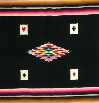 Vtg Mexican Saltillo Serape Black Textile Weaving Four Aces Playing Cards Poker