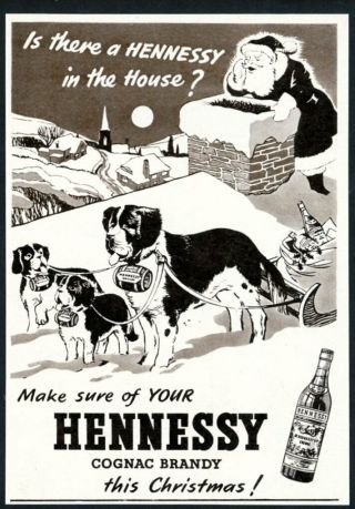 1954 St.  Saint Bernard & Puppy Barrel Christmas Art Hennessy Cognac Print Ad