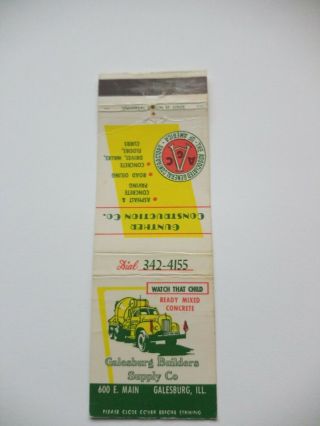 Galesburg Builders Supply Co Ready Mixed Concrete Illinois Matchbook Cover