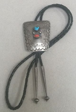 Vtg Navajo Native American Sterling Silver Turquoise Coral Bolo Tie Necklace