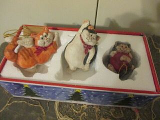 Set Of 3 Wood Cat Ornament Signed By Artist Telle M.  Stein The Stone Bunny Inc