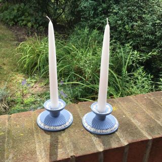 Wedgwood England White On Pale Blue Jasperware Candle Holders,  Candlesticks