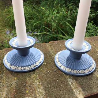 Wedgwood England White on Pale Blue Jasperware Candle Holders,  Candlesticks 2