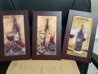 3 Ceramic Tile Trivet Wall Plaque Picture Wine Bottles And Glass
