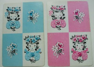 2 Vintage Swap Playing Cards/blank Back Cute Little Girls Flowered Hat Pair