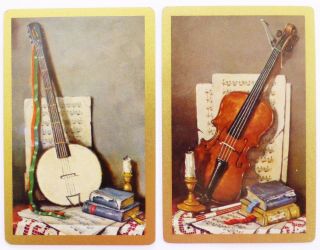 Pair Vintage Swap Cards.  Banjo & Violin.  C1940 - 1965 Arrco.  Music.  Gilt Edge.