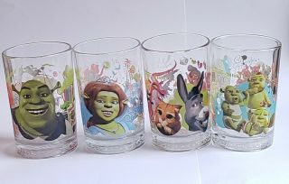 Set Of 4 Mcdonalds Collectors Glass Cups Shrek The Third Fiona Donkey Puss 2007