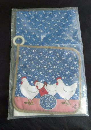 Mip Stevens Linen Quality Chickens In Aprons Blue Calico Towel & Pot Holder Set