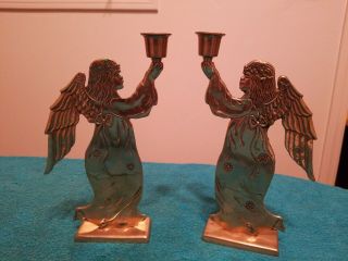 2 - 1985 Heavy Solid Brass Angel Taper Candle Holder Christmas Around The World