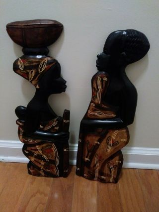 Vintage African Hand Carved Wooden Man And Woman With Child Wall Plaque Hanging