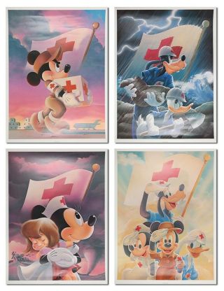 Set Of 4 Walt Disney Red Cross Posters 1990 Limited Edition 20 X 26 " Mickey Gang