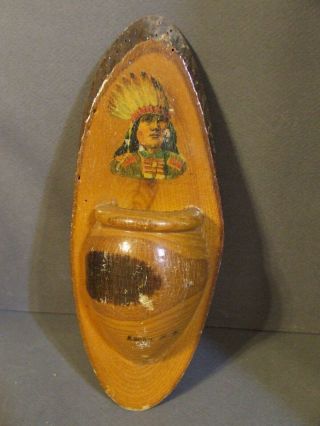 Vtg Carved Wood Native American Indian Decal Souvenir Wall Pocket Hanging Vase