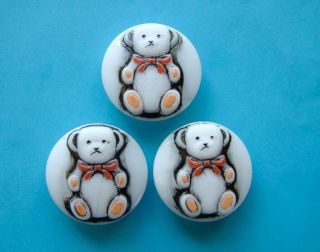 3 X 23mm Vintage White Glass Buttons With Raised Enamelled Teddy Bears