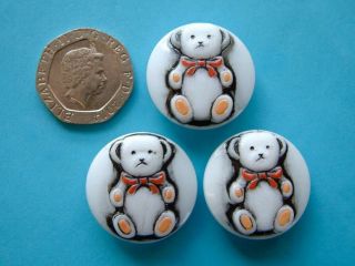 3 x 23mm Vintage White Glass Buttons With Raised Enamelled Teddy Bears 2