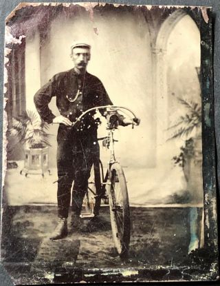 6th Plate Tintype Studio Portrait Man And Bicycle