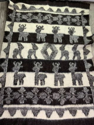 Vintage Peruvian Alpaca Wool Blanket Brown Cream Traditional Hand Knit Fringe