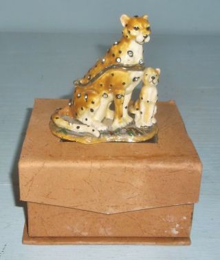 Heavy Enameled Cheetah W/ Cub Trinket Box Rhinestones Jeweled