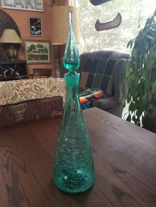 17 " Mcm Pilgrim Aquamarine Crackle Glass Decanter Vtg Sculpture Bottle Decor