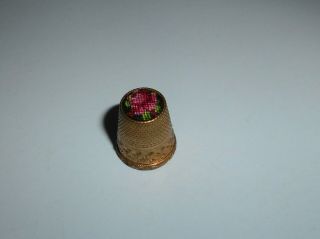 Vintage Sewing Thimble Ornate Goldtone Metal With Petite Point Rose On Top