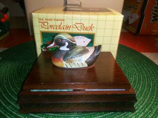 Vtg 1983 Double Card Deck Hinged Wood Box W/hand Painted Decoy Duck On Lid Nib