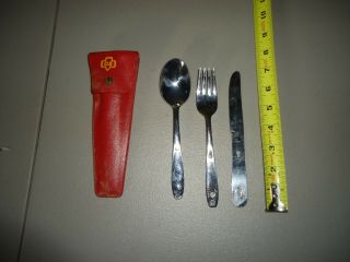 Vintage Girl Scout Silverware Imperial Stainless Fork Knife Spoon Set Red Case