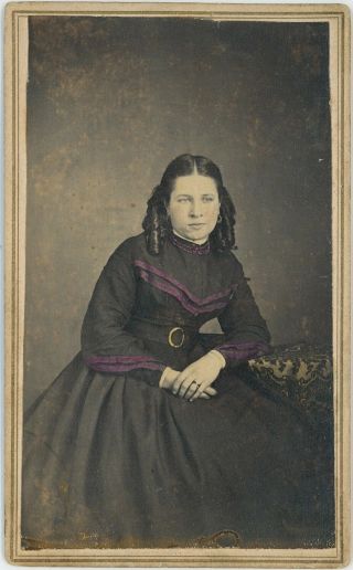 Civil War Era Pretty Lady Tinted Dress Curled Hair Cdv Carte De Visite V423