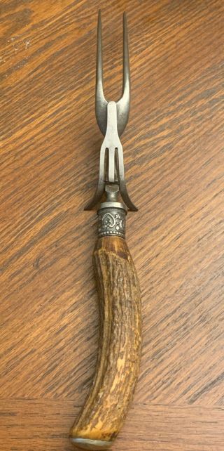 Antique Intricate Wood Handle Meat Roast Carving Fork 10 1/2”