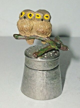 A Pewter Hand Painted Stephen Frost Two Piece Thimble - - A Owls On A Log -