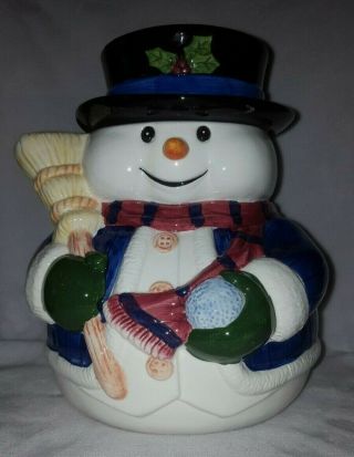 Vintage Ckao Holiday Snowman Cookie Jar W/top Hat,  Red Scarf,  & Broom