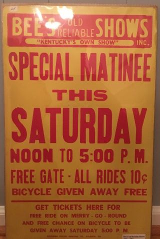 Vintage Carnival Poster,  Dee’s Old Reliable Shows Kentucky