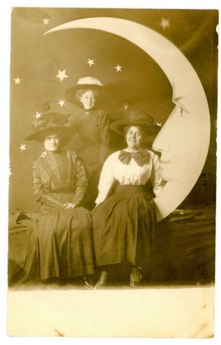 Studio Image - Women Sitting On Paper Crescent Moon - Rppc Postcard