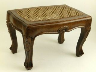 Vintage French Louis Xvi Style Carved Dark Wood & Cane Small Footstool Stool