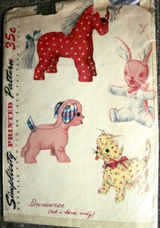 Vintage 1954 Simplicity Stuffed Bunny & Cat Pattern 495