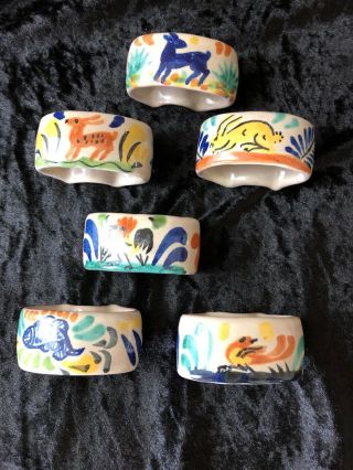 Mexican Ceramic Hand Painted Napkin Rings - Set Of 6 - Animals - Signed At