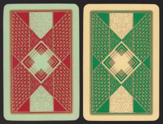 2 Single Vintage Swap/playing Cards Uk Art Deco Design Gold Det.  Grn/yel Borders