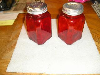 Vintage Red Glass Hoosier Salt Pepper Shakers