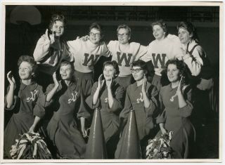 1950s College ? Cheerleaders Letter Sweaters Fashion Hair Fun Vintage Photo